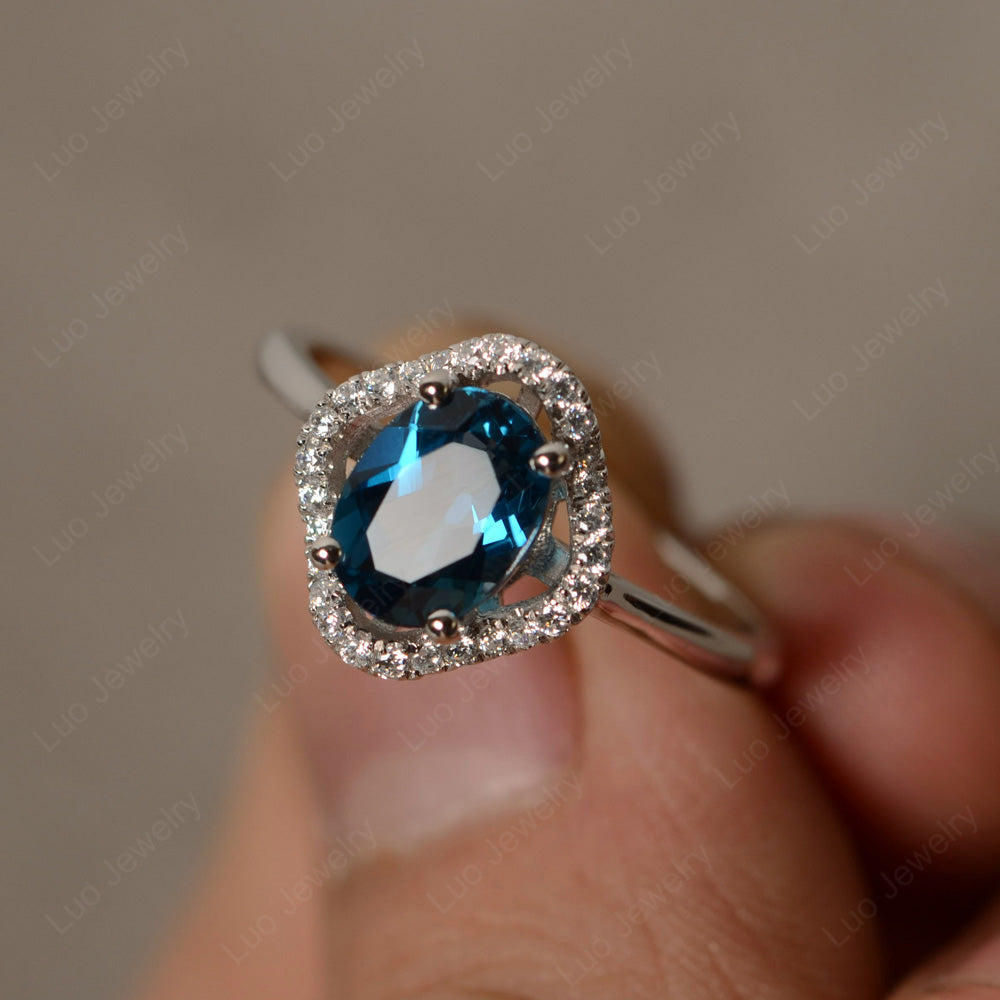 Oval London Blue Topaz Flower Halo Engagement Ring - LUO Jewelry