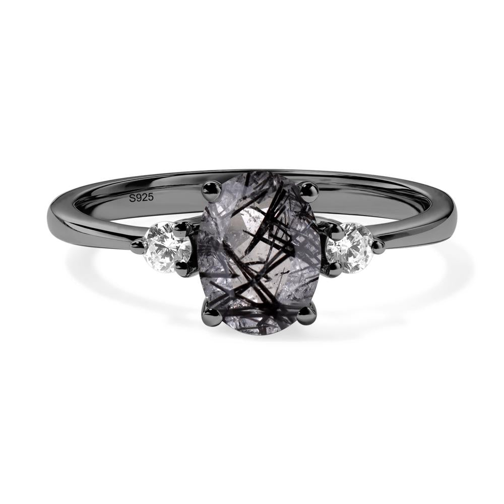 Simple Oval Cut Black Rutilated Quartz Trilogy Ring - LUO Jewelry #metal_black finish sterling silver