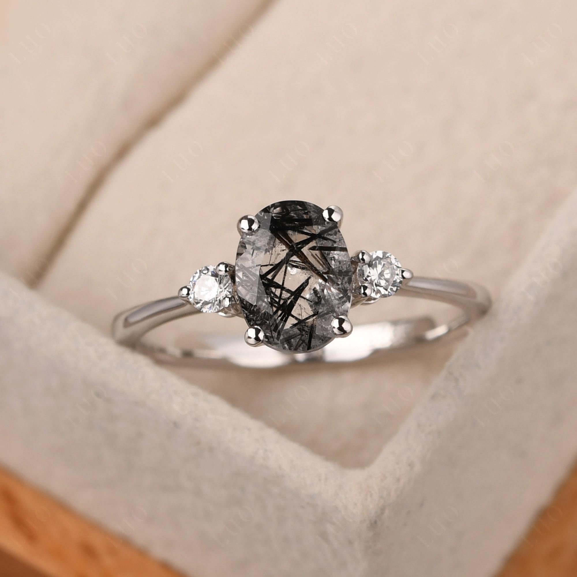 Simple Oval Cut Black Rutilated Quartz Trilogy Ring - LUO Jewelry