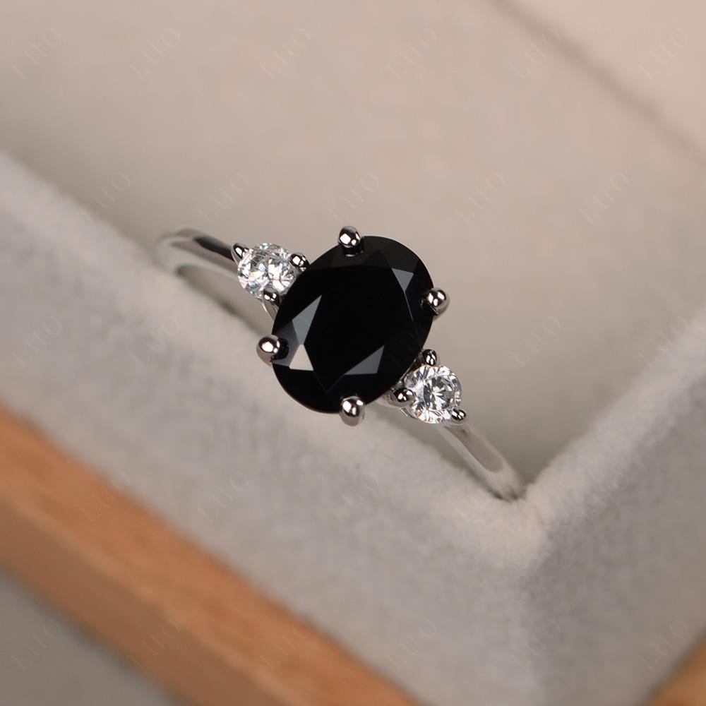 Simple Oval Cut Black Stone Trilogy Ring - LUO Jewelry