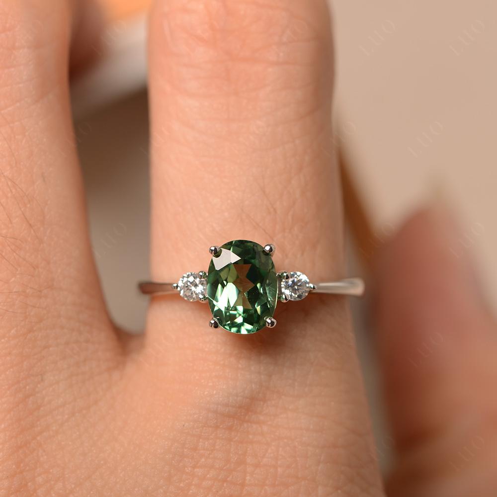 Simple Oval Cut Green Sapphire Trilogy Ring - LUO Jewelry