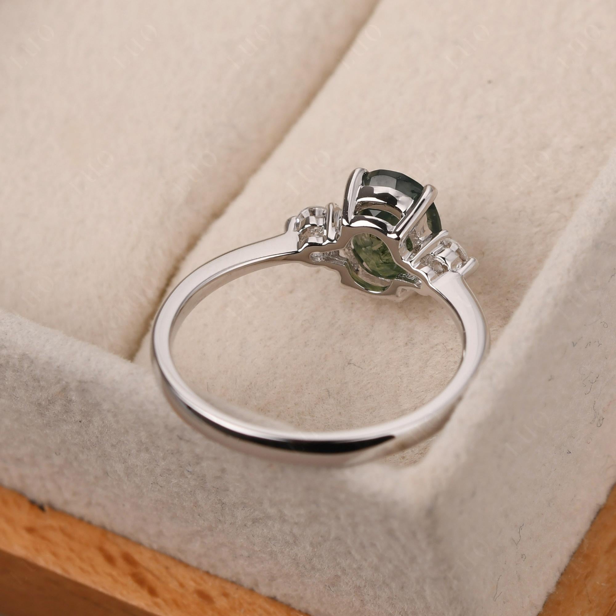 Simple Oval Cut Moss Agate Trilogy Ring - LUO Jewelry