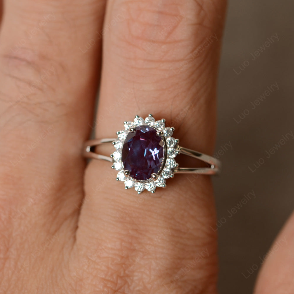 Alexandrite Split Shank Oval Halo Engagement Ring - LUO Jewelry