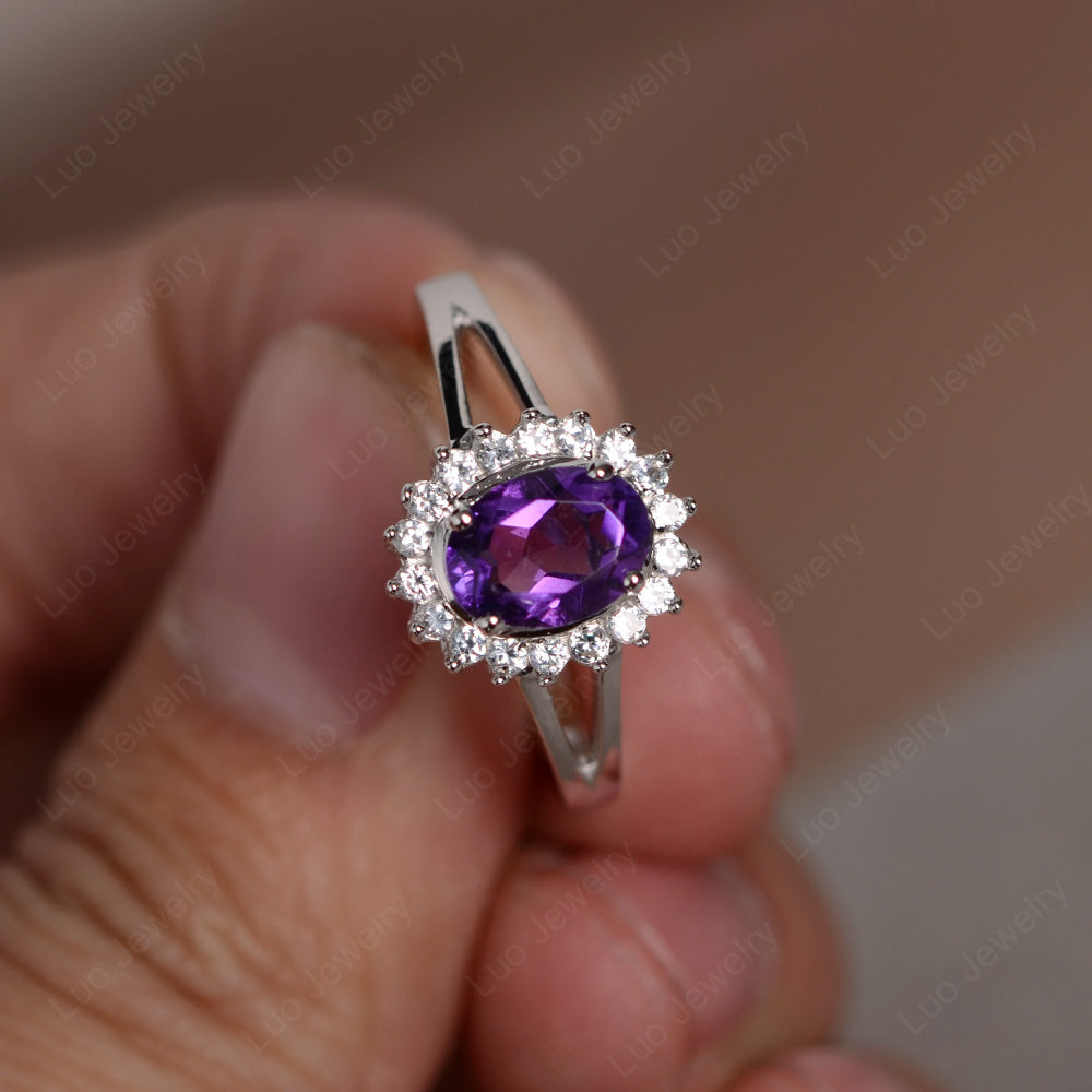 Amethyst Split Shank Oval Halo Engagement Ring - LUO Jewelry