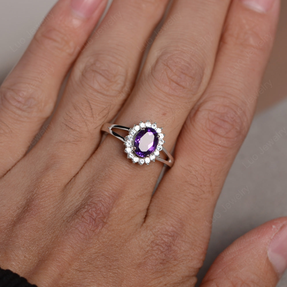 Amethyst Split Shank Oval Halo Engagement Ring - LUO Jewelry