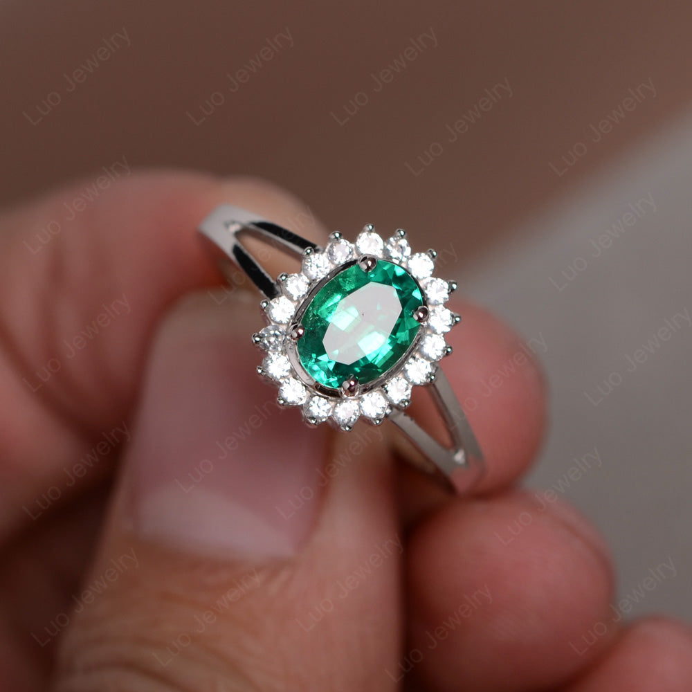 Lab Emerald Split Shank Oval Halo Engagement Ring - LUO Jewelry
