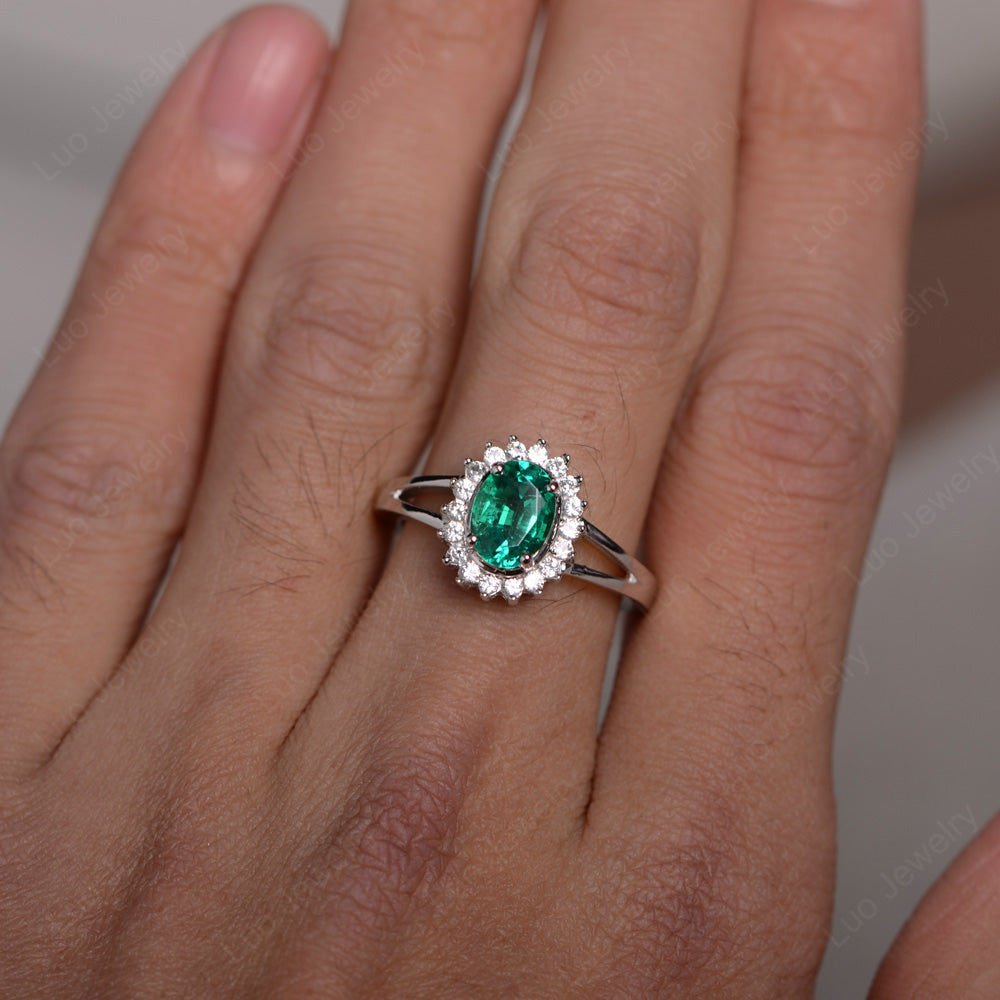 Lab Emerald Split Shank Oval Halo Engagement Ring - LUO Jewelry