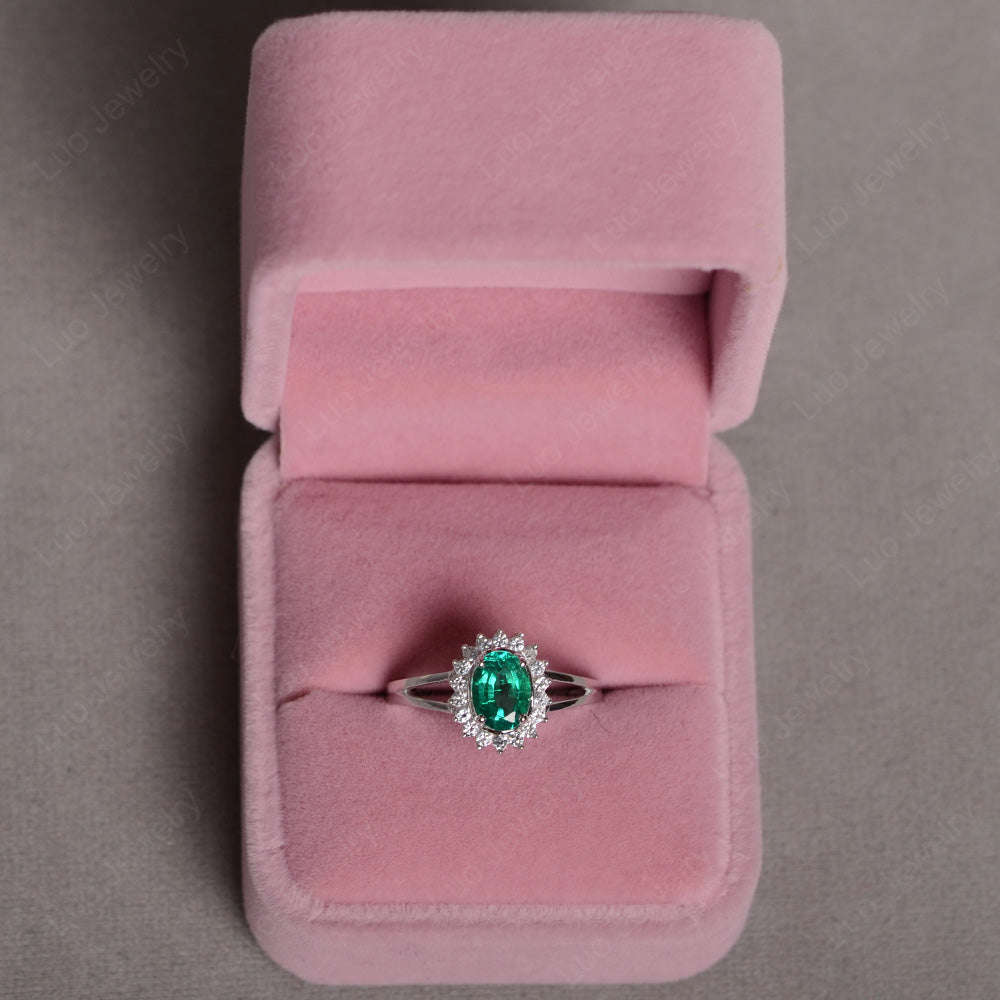 Lab Emerald Split Shank Oval Halo Engagement Ring - LUO Jewelry