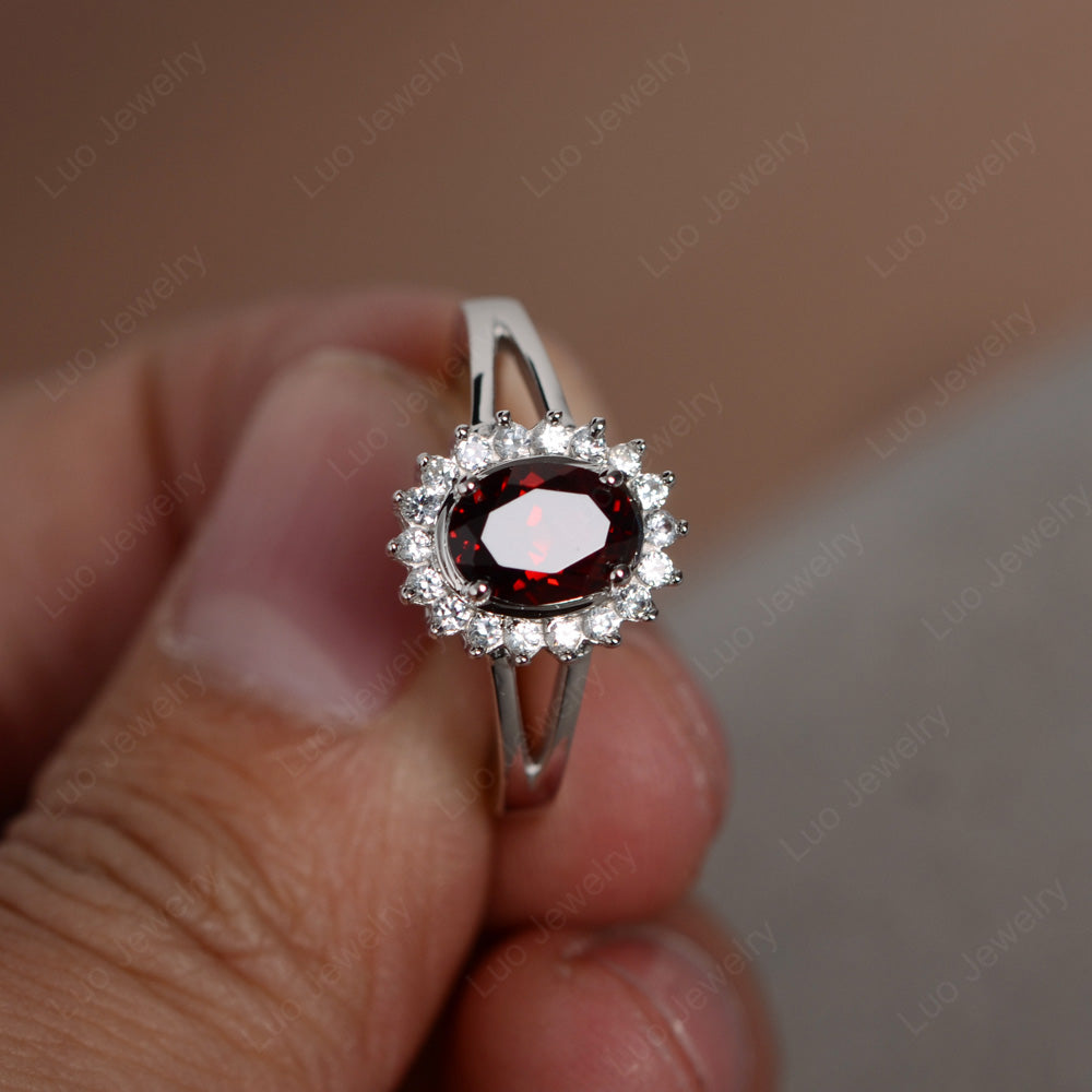 Garnet Split Shank Oval Halo Engagement Ring - LUO Jewelry