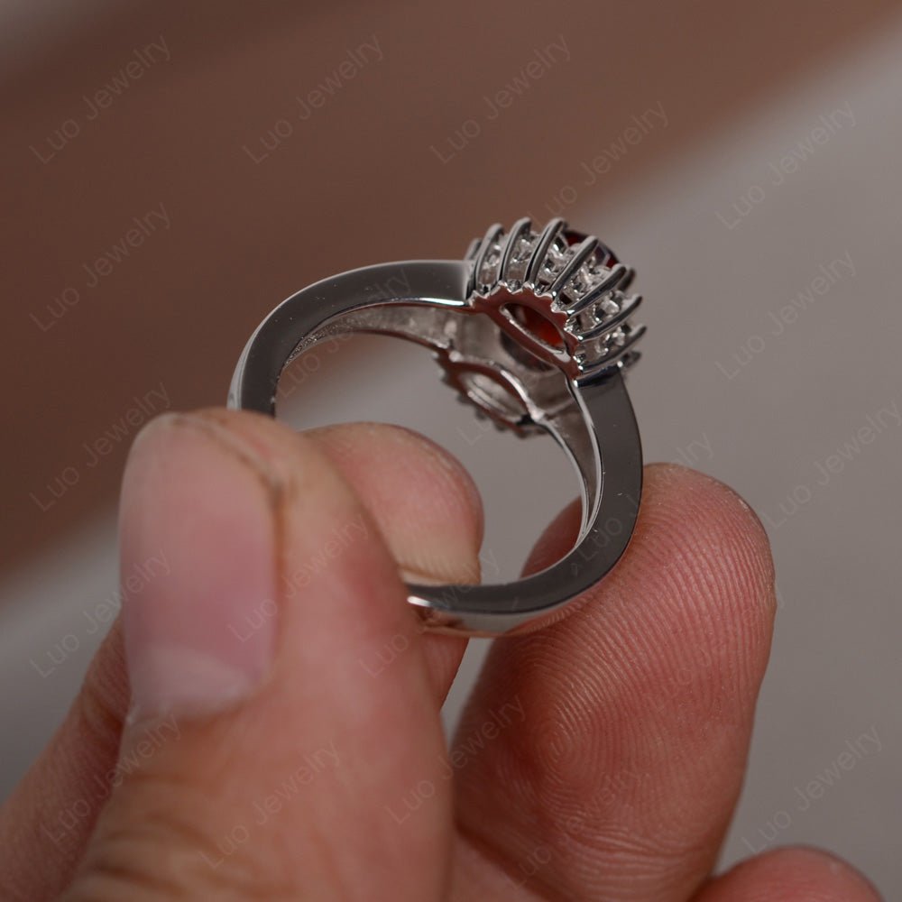 Garnet Split Shank Oval Halo Engagement Ring - LUO Jewelry