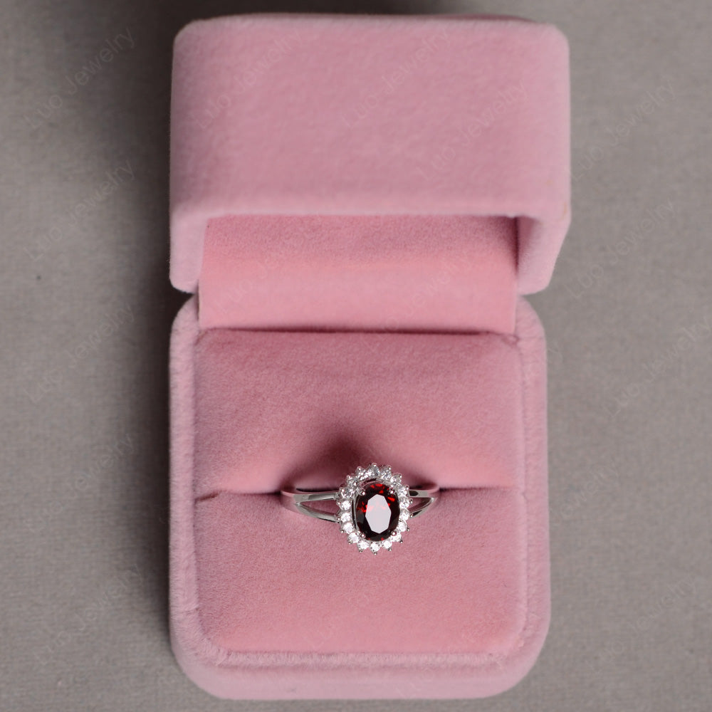 Garnet Split Shank Oval Halo Engagement Ring - LUO Jewelry