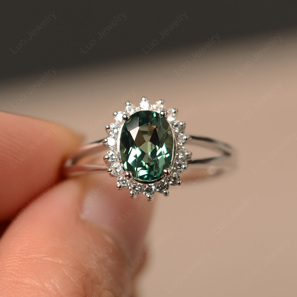 Green Sapphire Split Shank Oval Halo Engagement Ring - LUO Jewelry