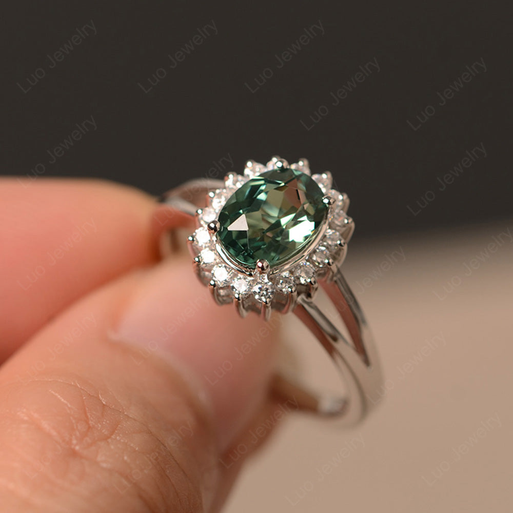 Green Sapphire Split Shank Oval Halo Engagement Ring - LUO Jewelry