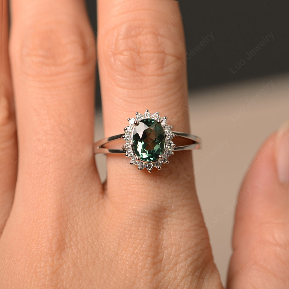 Green Sapphire Split Shank Oval Halo Engagement Ring - LUO Jewelry