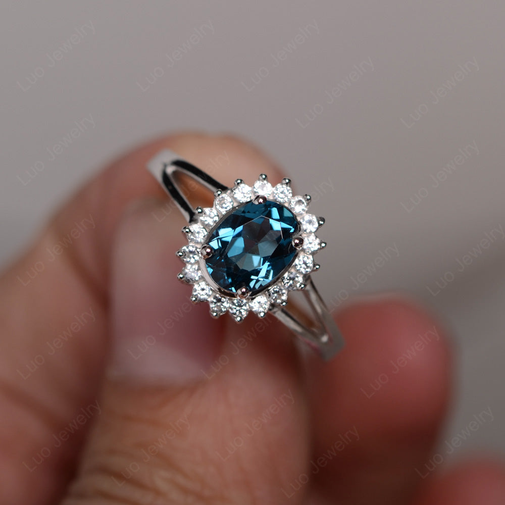 London Blue Topaz Split Shank Oval Halo Engagement Ring - LUO Jewelry
