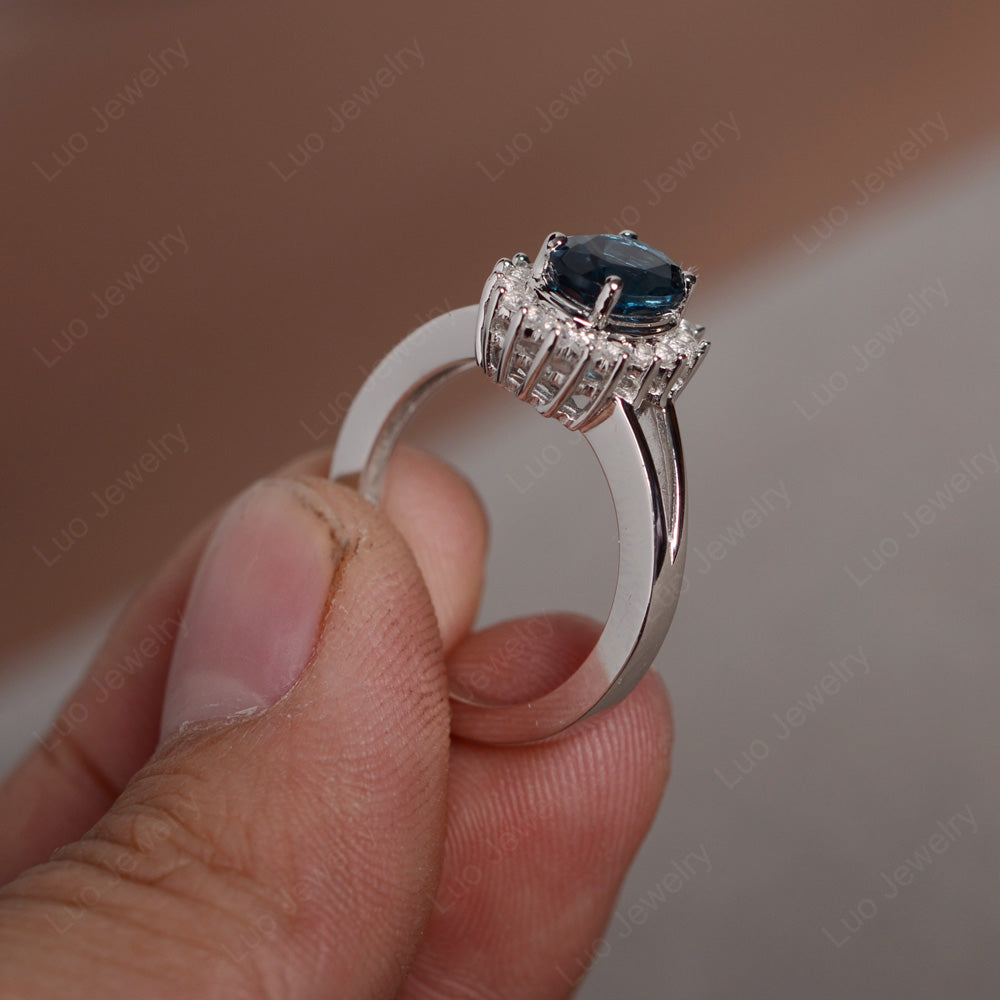 London Blue Topaz Split Shank Oval Halo Engagement Ring - LUO Jewelry