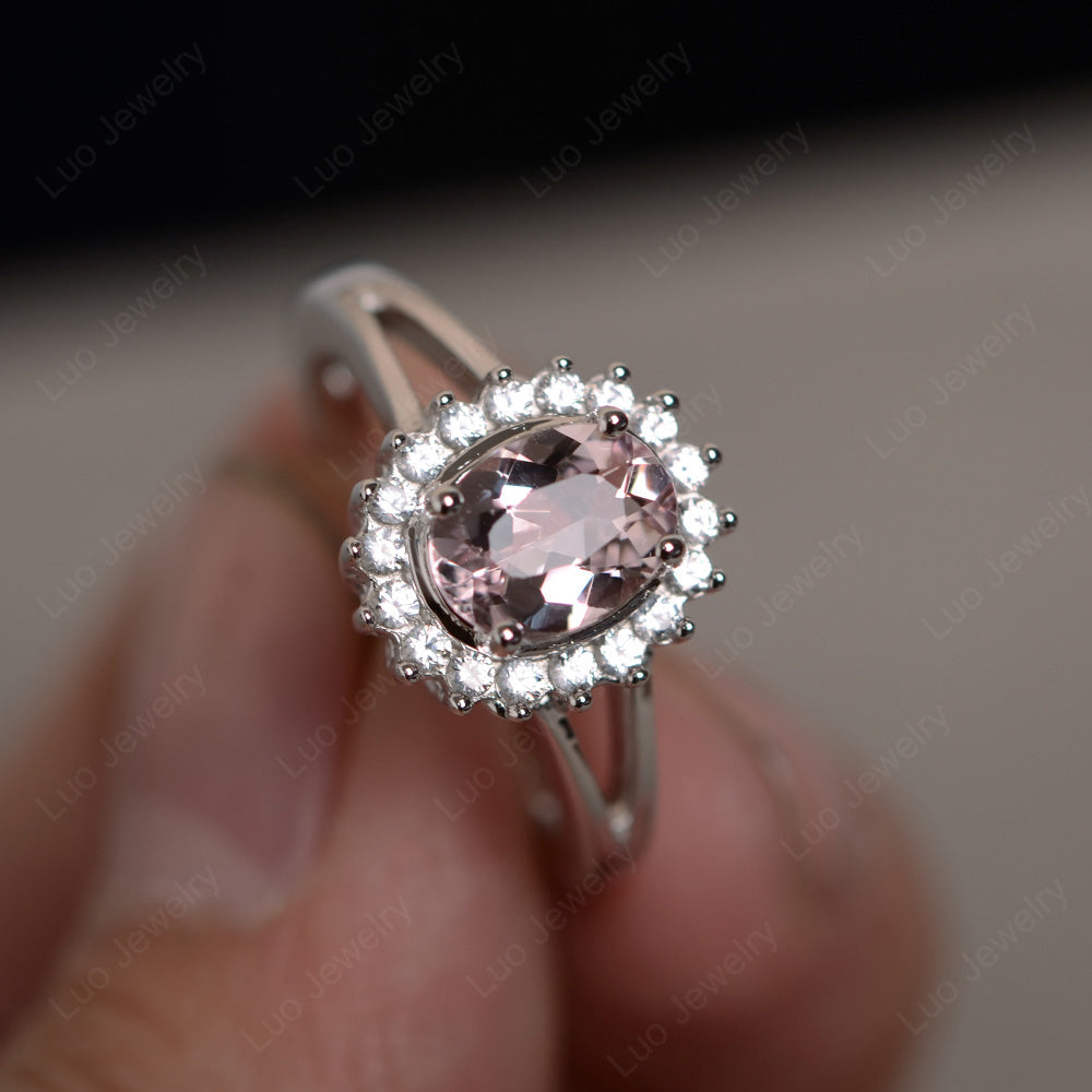 Morganite Split Shank Oval Halo Engagement Ring - LUO Jewelry