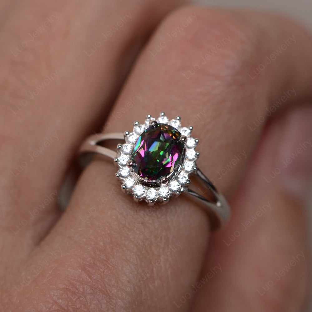 Mystic Topaz Split Shank Oval Halo Engagement Ring - LUO Jewelry