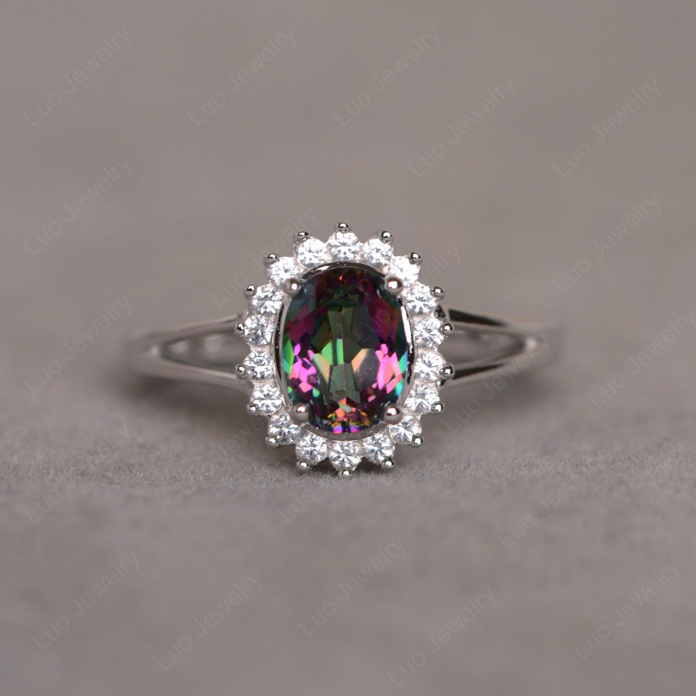 Mystic Topaz Split Shank Oval Halo Engagement Ring - LUO Jewelry