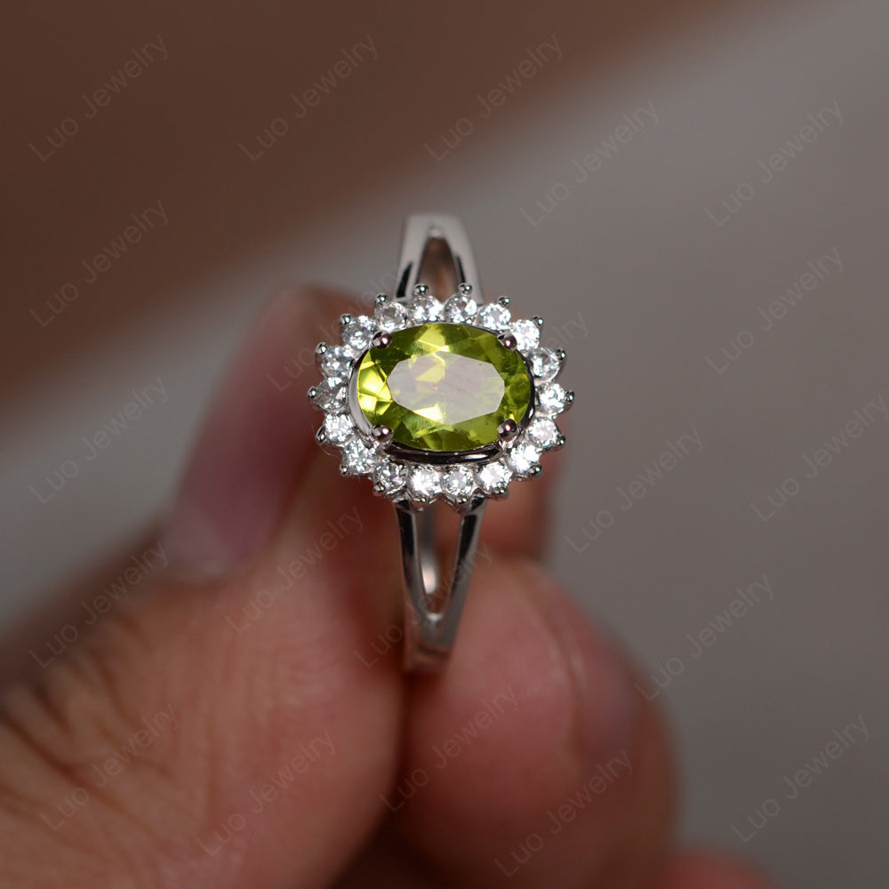 Peridot Split Shank Oval Halo Engagement Ring - LUO Jewelry