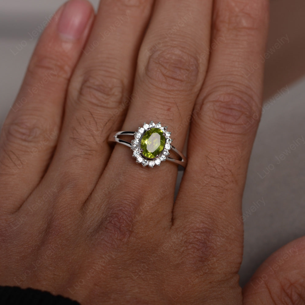 Peridot Split Shank Oval Halo Engagement Ring - LUO Jewelry