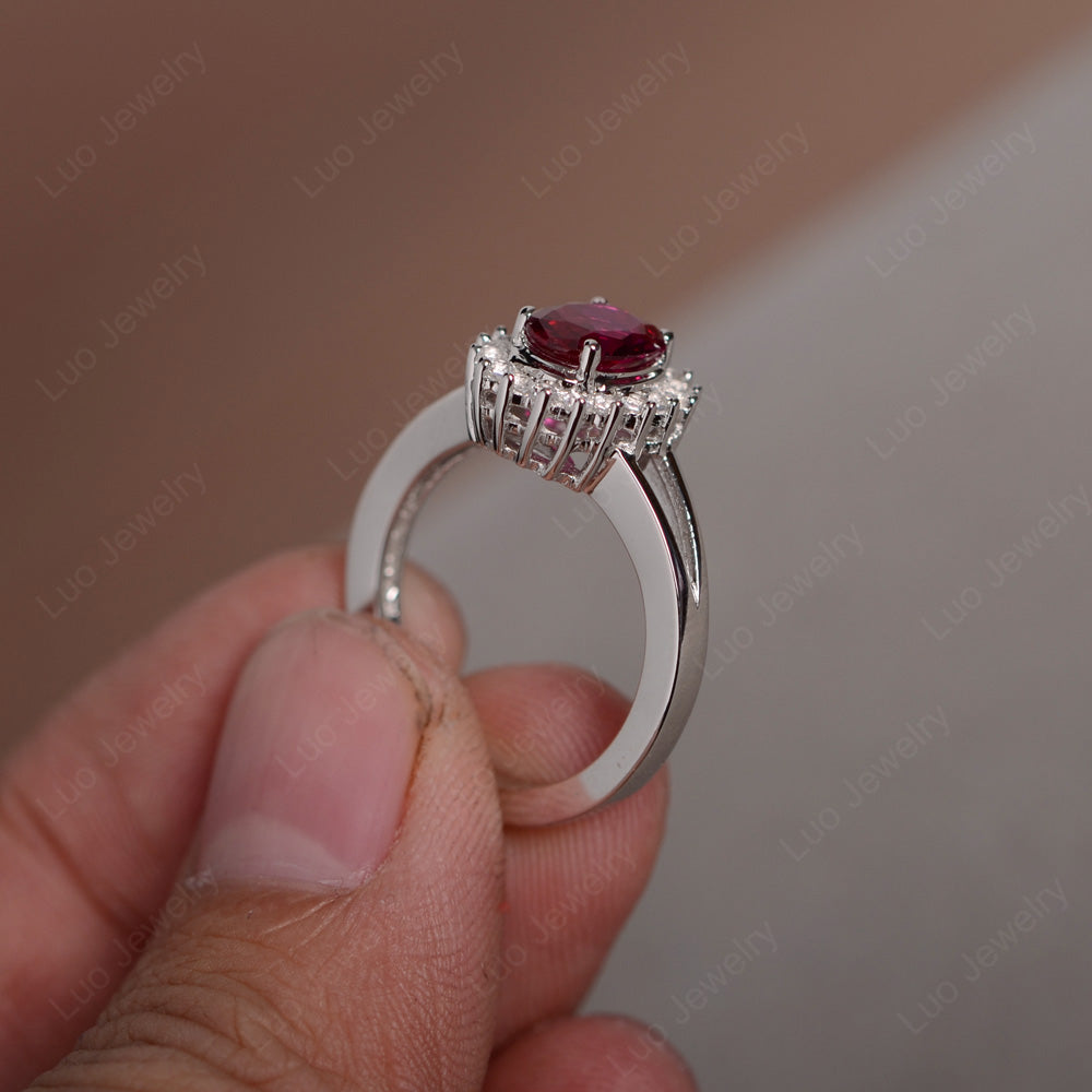 Ruby Split Shank Oval Halo Engagement Ring - LUO Jewelry