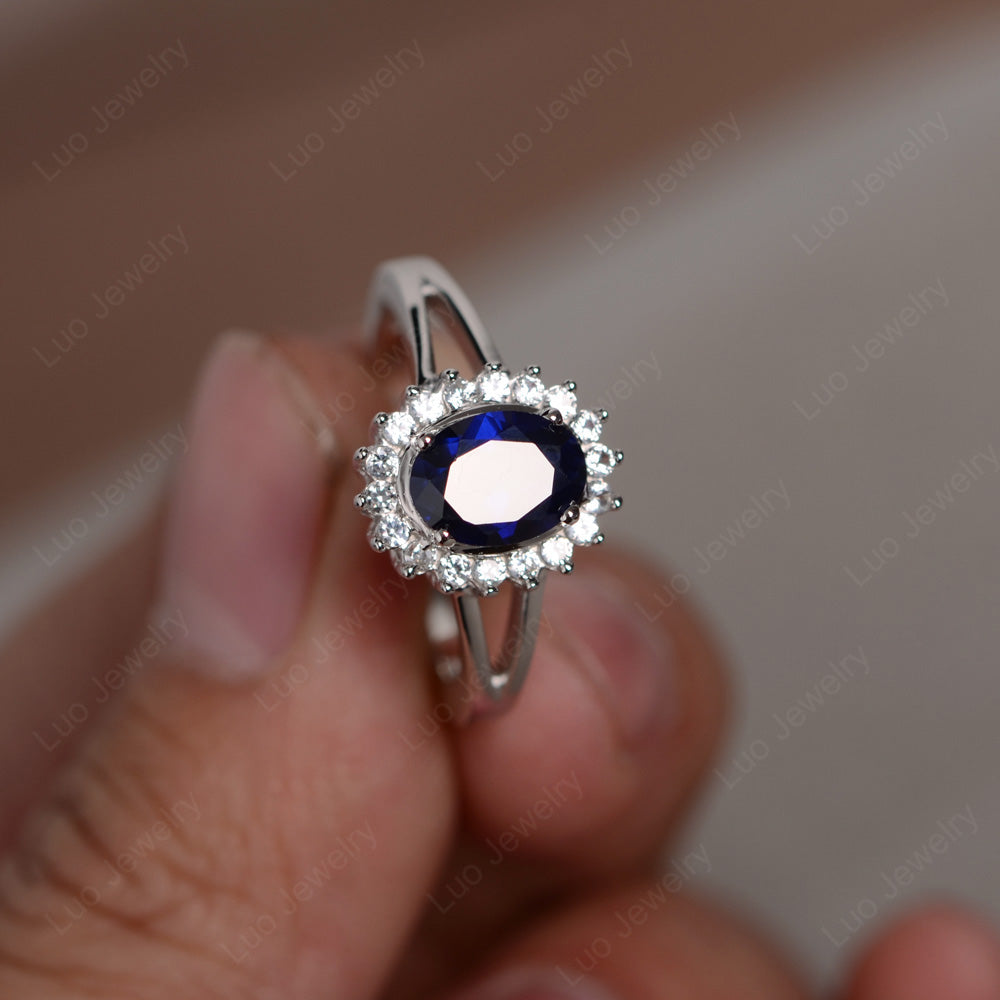Lab Sapphire Split Shank Oval Halo Engagement Ring - LUO Jewelry