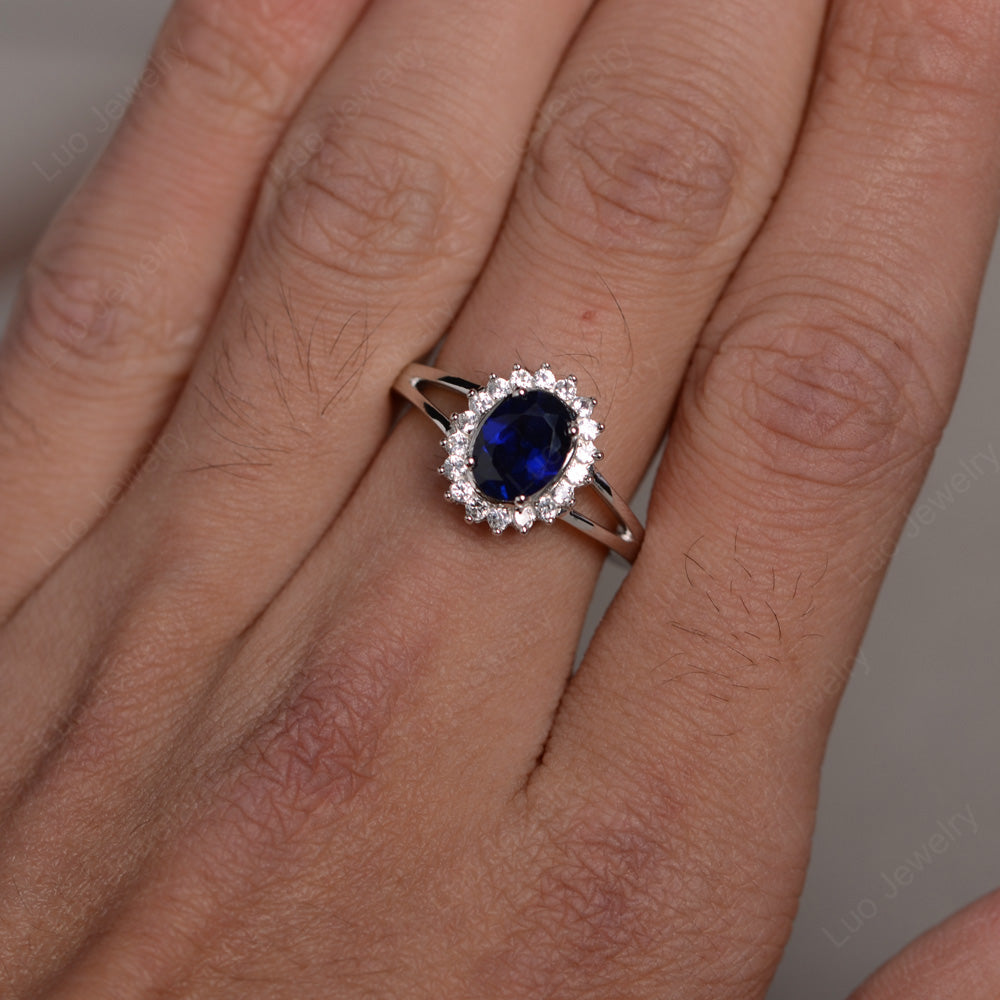 Lab Sapphire Split Shank Oval Halo Engagement Ring - LUO Jewelry