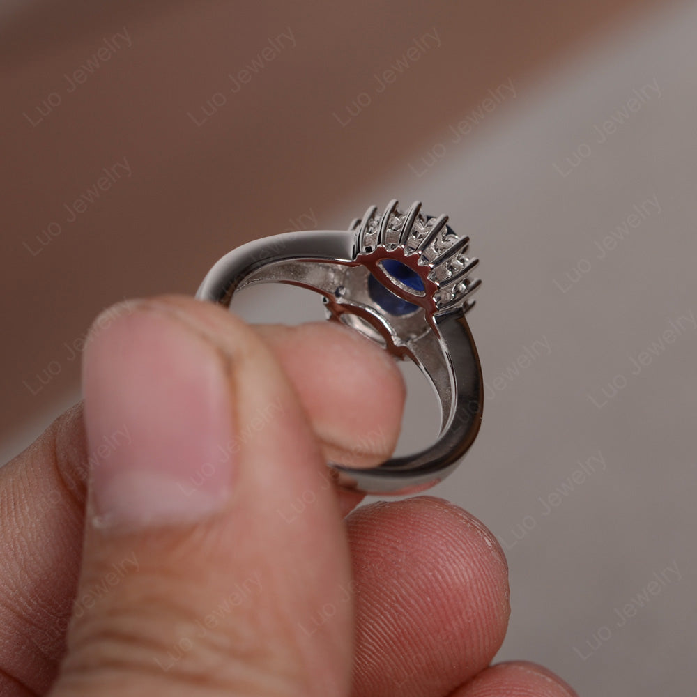 Lab Sapphire Split Shank Oval Halo Engagement Ring - LUO Jewelry