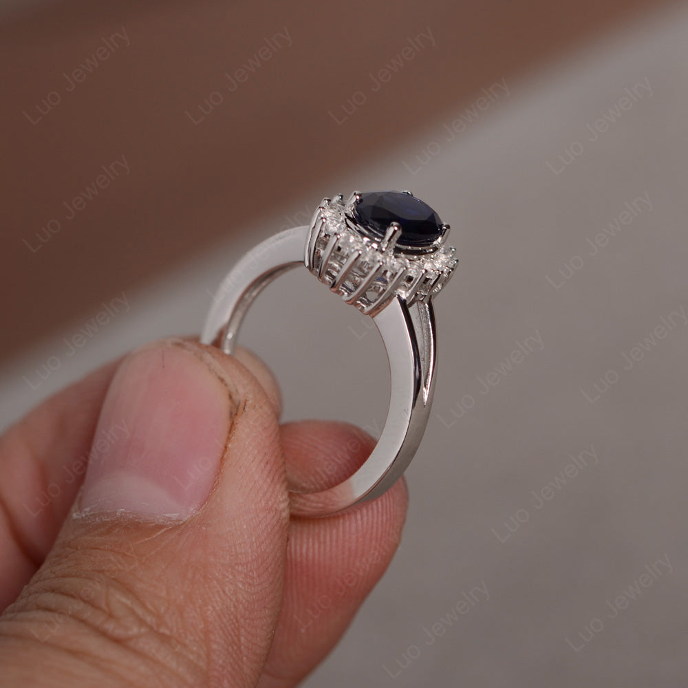 Lab Sapphire Split Shank Oval Halo Engagement Ring - LUO Jewelry