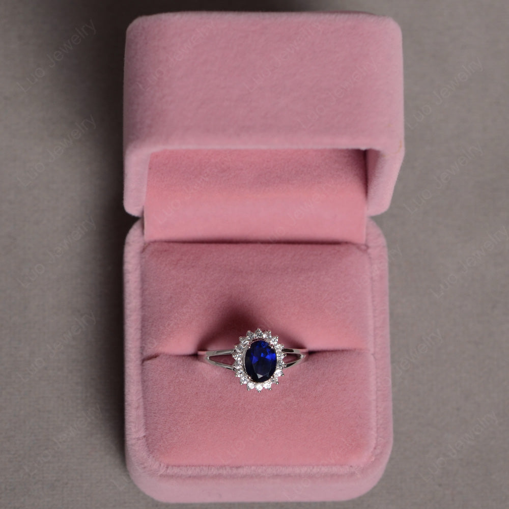 Lab Sapphire Split Shank Oval Halo Engagement Ring - LUO Jewelry