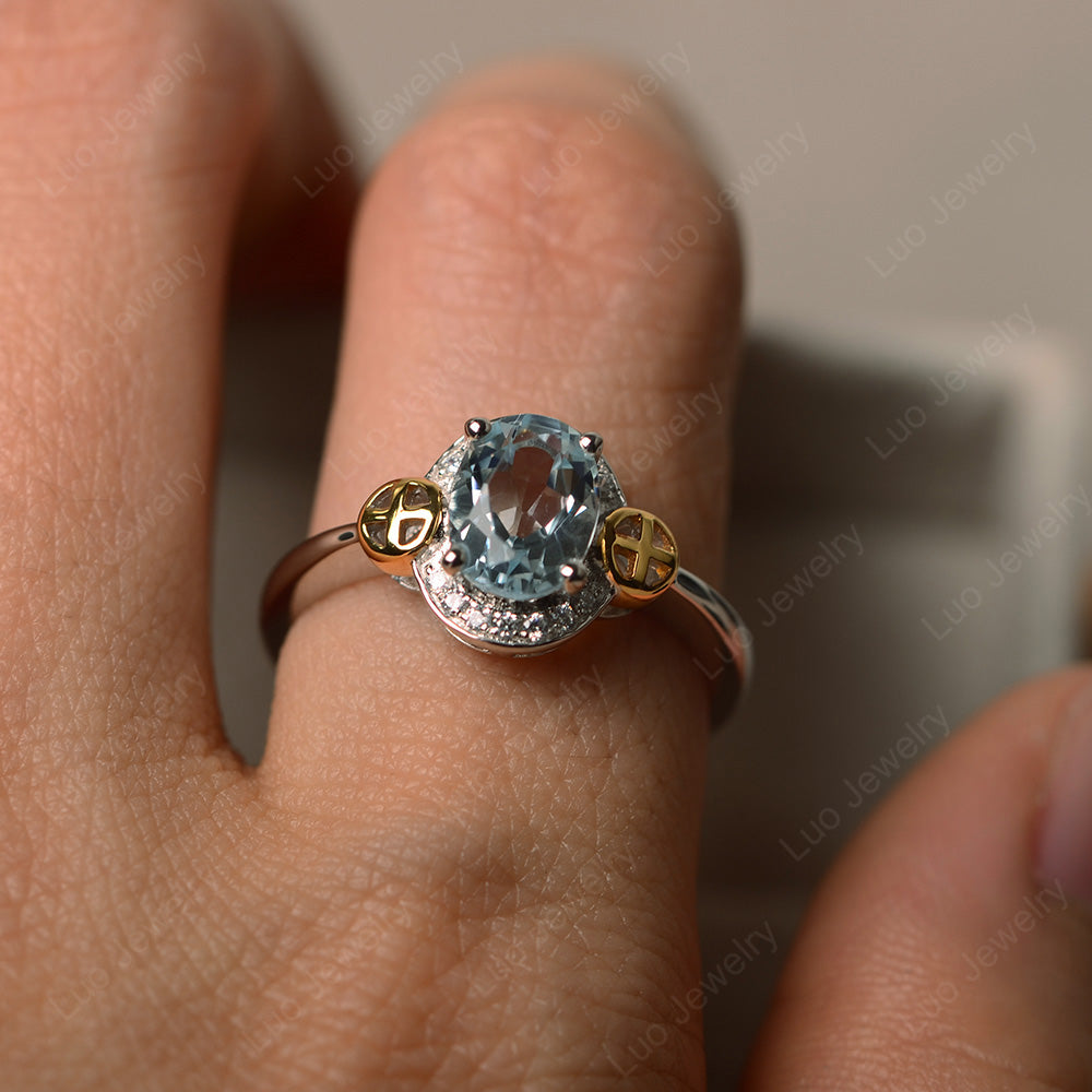 Cross Art Deco Aquamarine Ring White Gold - LUO Jewelry