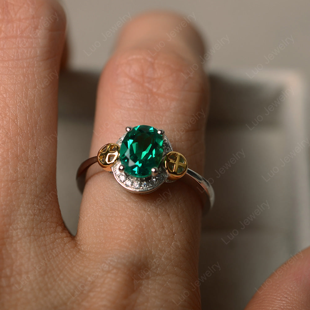 Cross Art Deco Lab Emerald Ring White Gold - LUO Jewelry