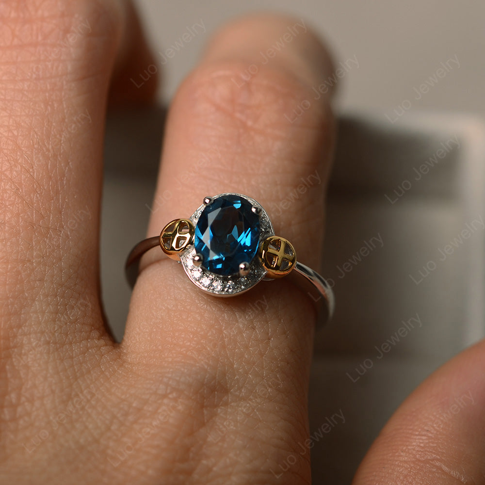 Cross Art Deco London Blue Topaz Ring White Gold - LUO Jewelry
