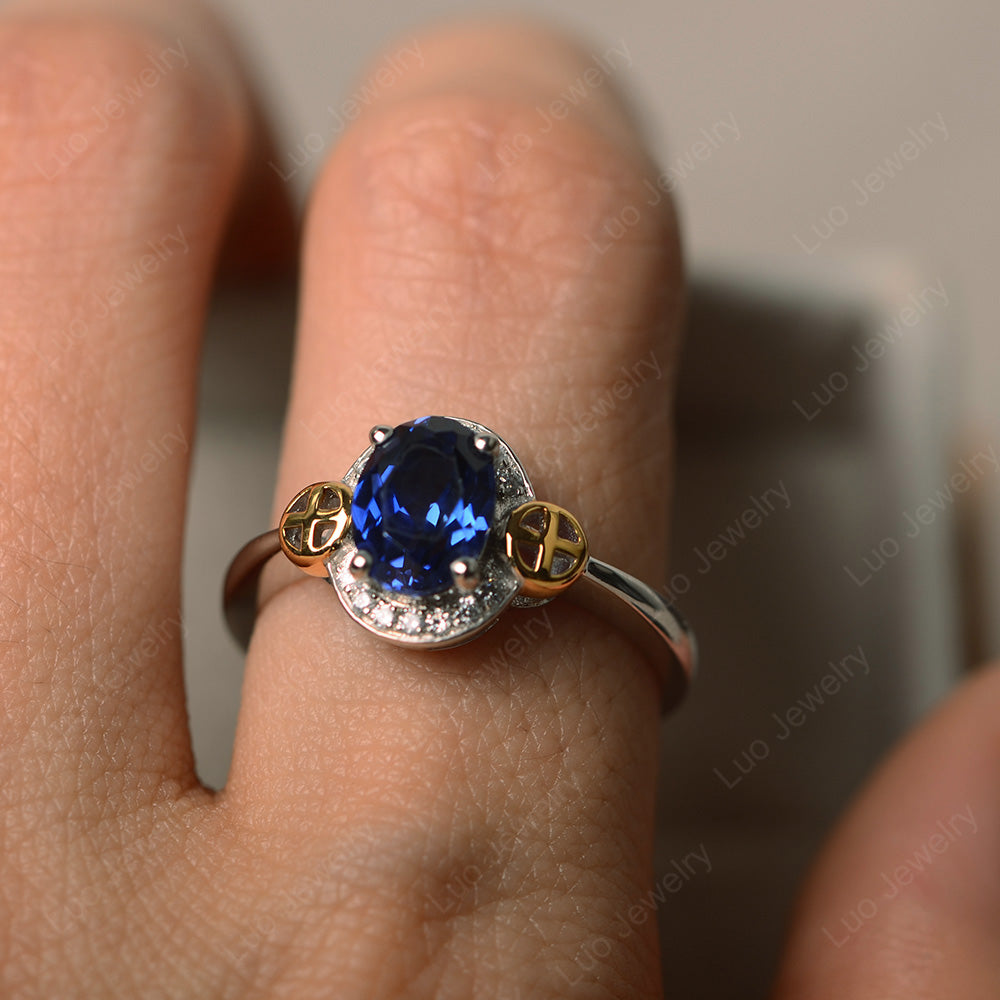Cross Art Deco Lab Sapphire Ring White Gold - LUO Jewelry