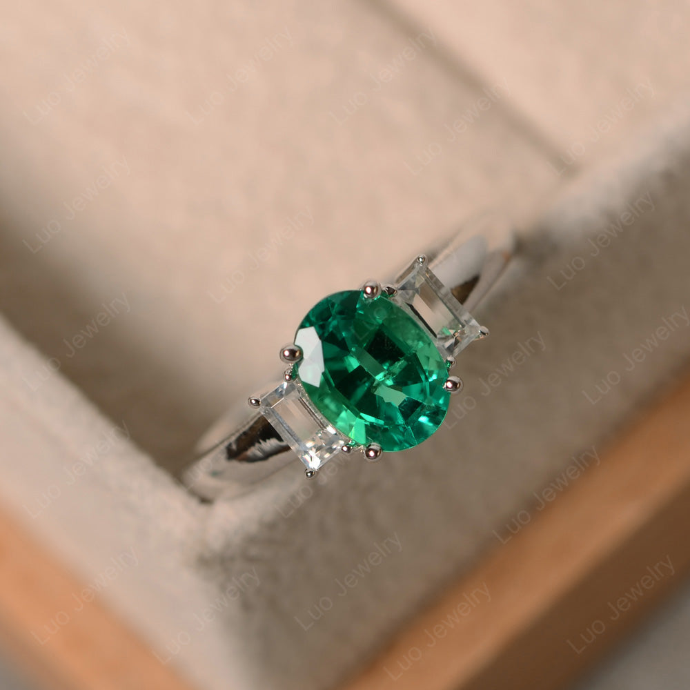 Lab Emerald Oval Engagement Ring With Side Stone - LUO Jewelry