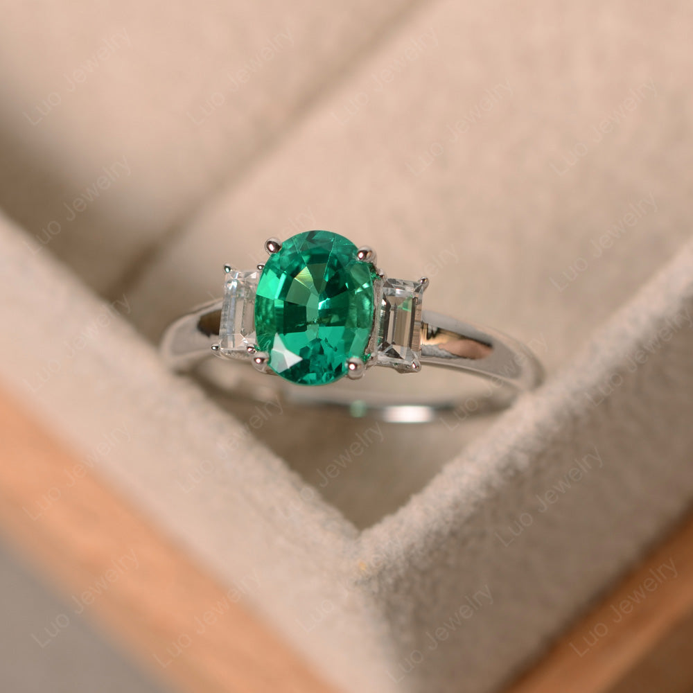 Lab Emerald Oval Engagement Ring With Side Stone - LUO Jewelry