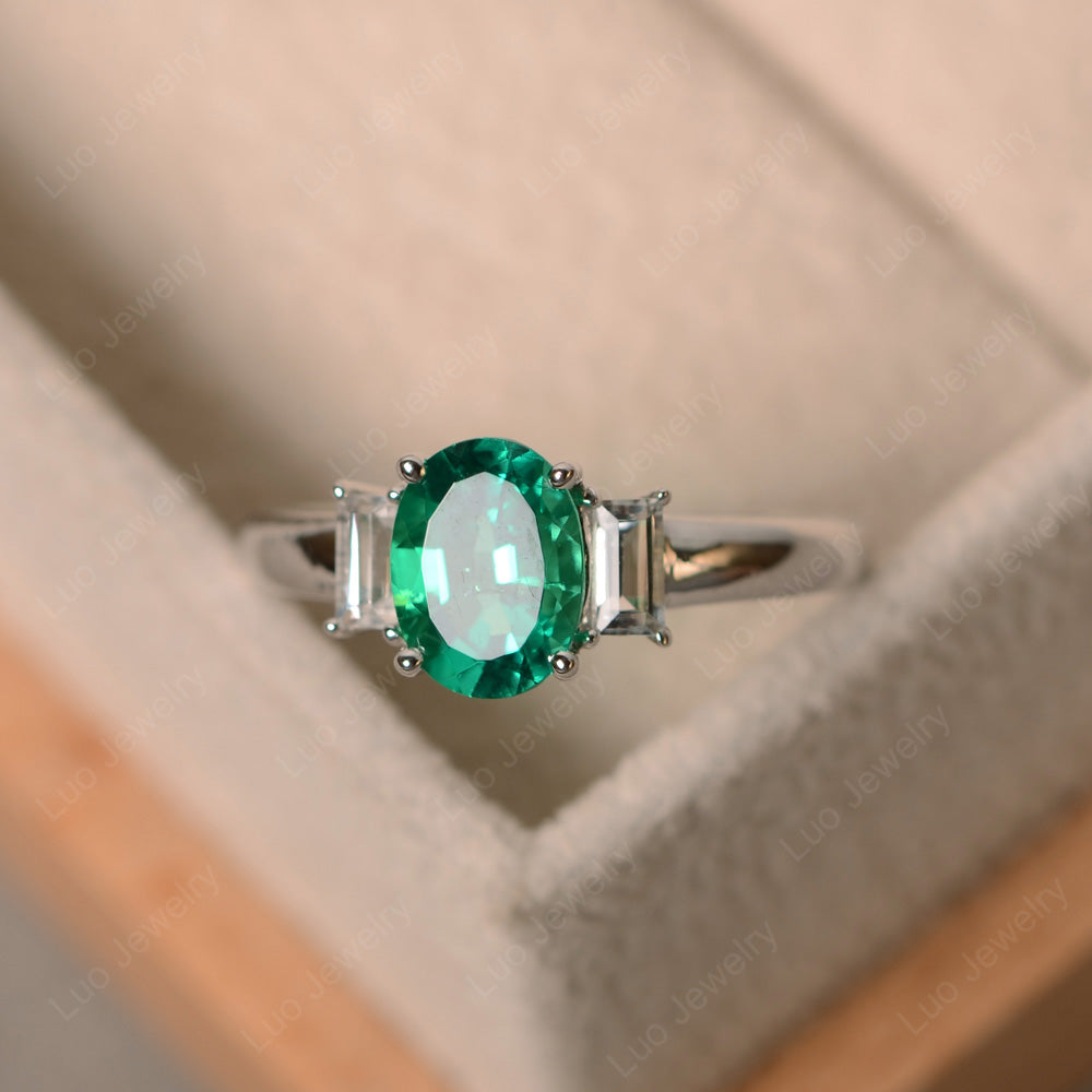 Lab Emerald Oval Engagement Ring With Side Stone - LUO Jewelry