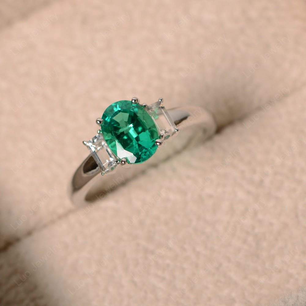 Lab Emerald Oval Engagement Ring With Side Stone - LUO Jewelry