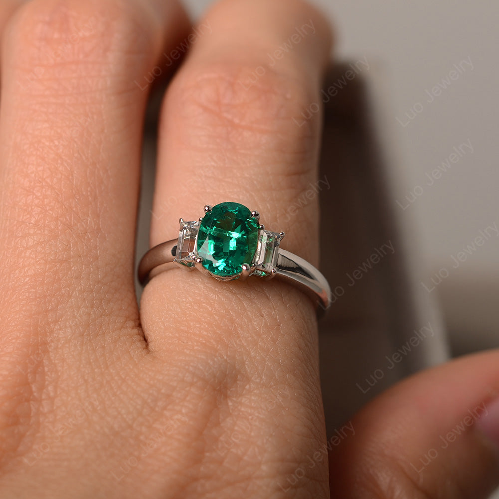 Lab Emerald Oval Engagement Ring With Side Stone - LUO Jewelry