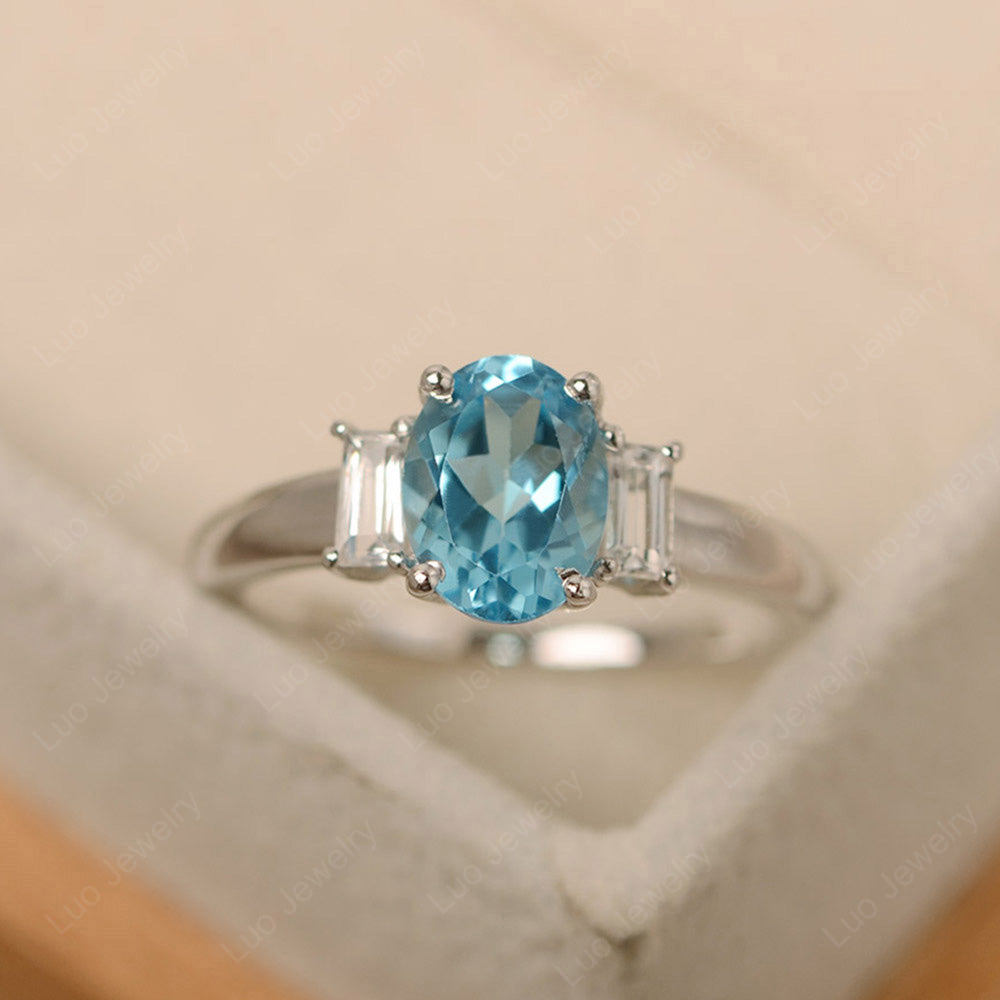 Swiss Blue Topaz Oval Engagement Ring With Side Stone - LUO Jewelry