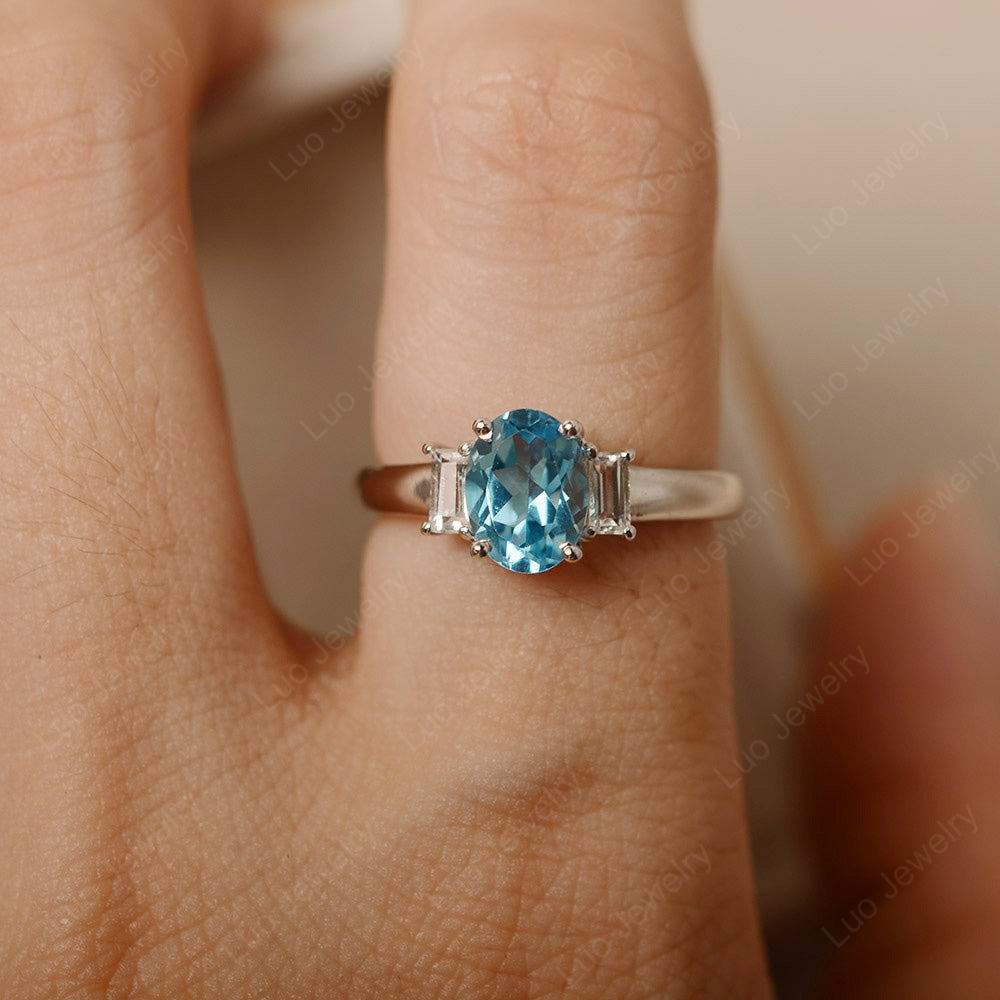 Swiss Blue Topaz Oval Engagement Ring With Side Stone - LUO Jewelry
