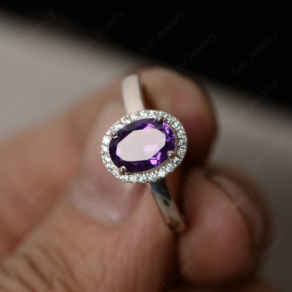 Simple Oval Amethyst Halo Promise Ring Silver - LUO Jewelry