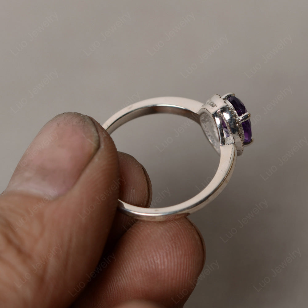 Simple Oval Amethyst Halo Promise Ring Silver - LUO Jewelry