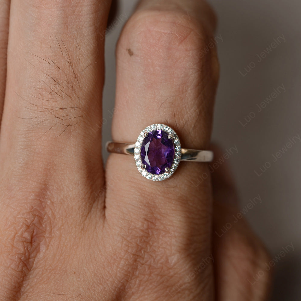 Simple Oval Amethyst Halo Promise Ring Silver - LUO Jewelry
