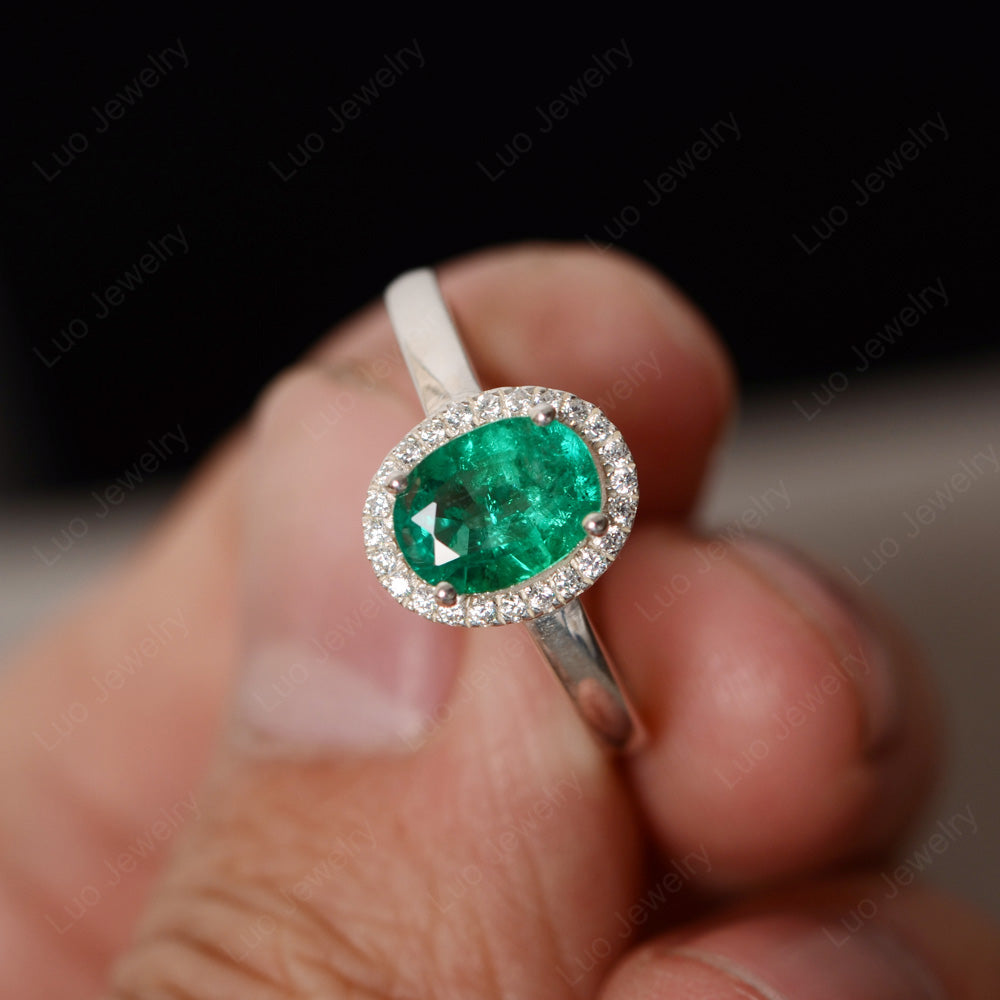 Simple Oval Lab Emerald Halo Promise Ring Silver - LUO Jewelry