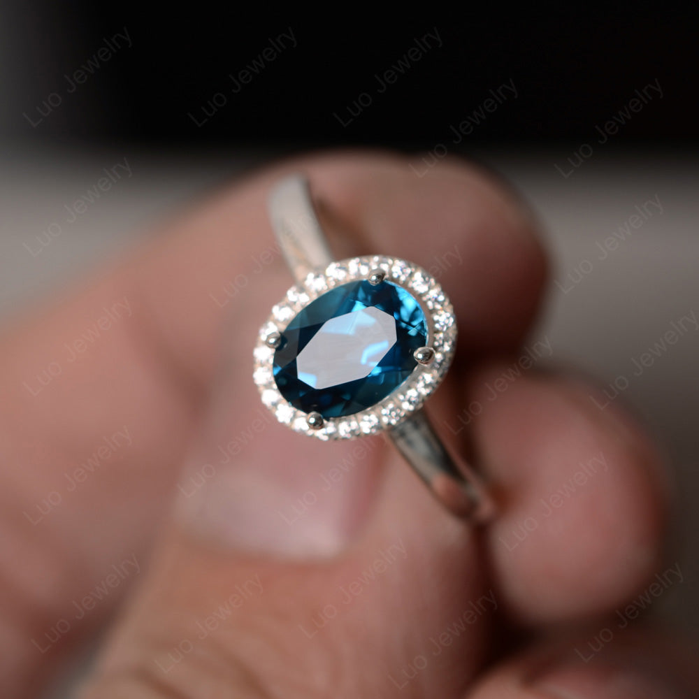 Simple Oval London Blue Topaz Halo Promise Ring Silver - LUO Jewelry