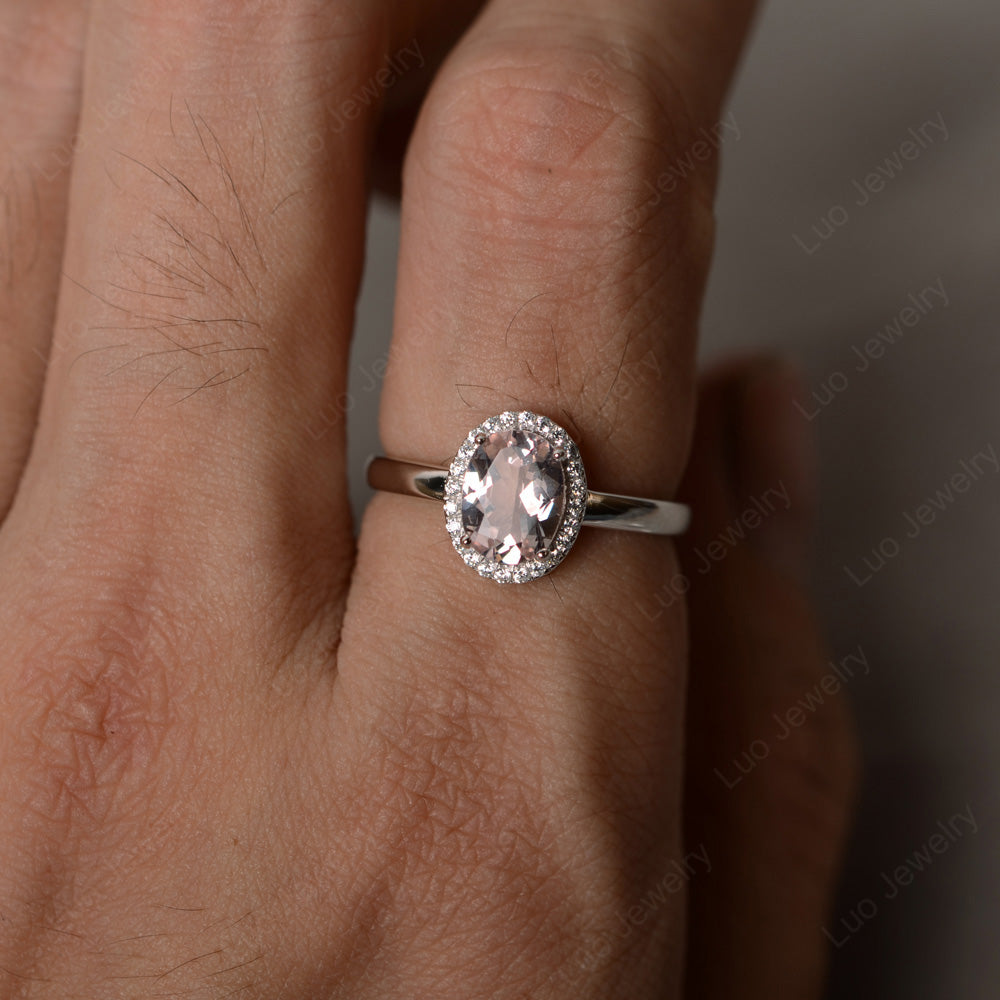 Simple Oval Morganite Halo Promise Ring Silver - LUO Jewelry