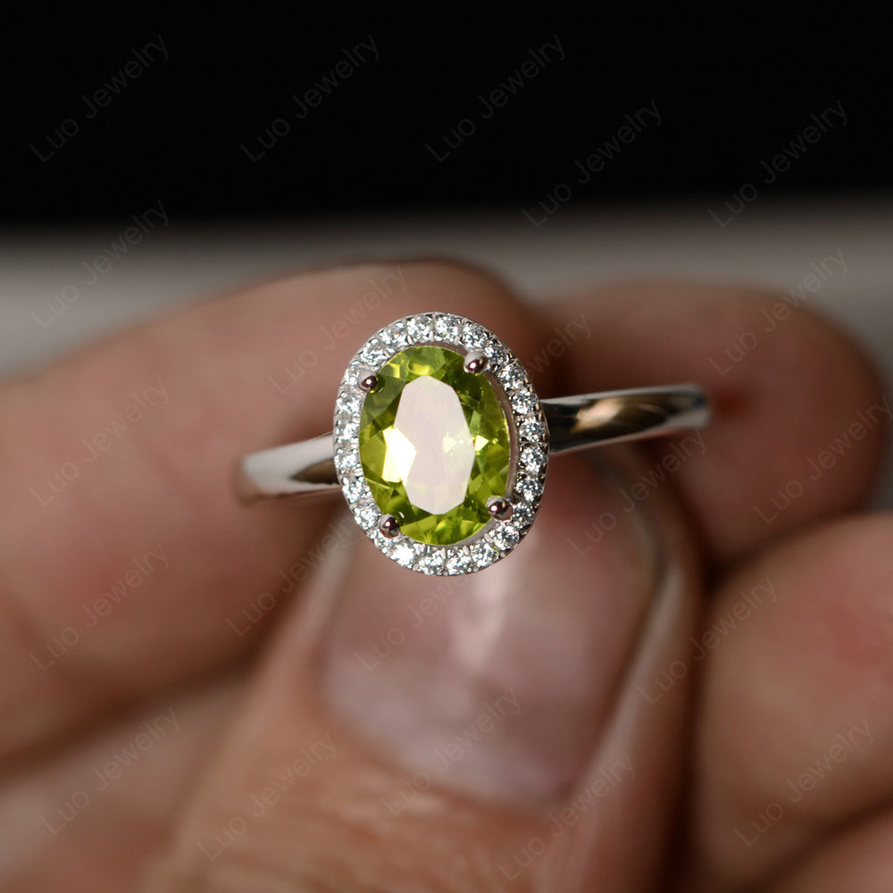 Simple Oval Peridot Halo Promise Ring Silver - LUO Jewelry