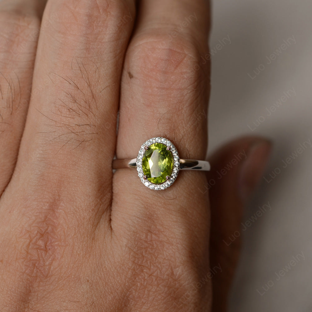 Simple Oval Peridot Halo Promise Ring Silver - LUO Jewelry